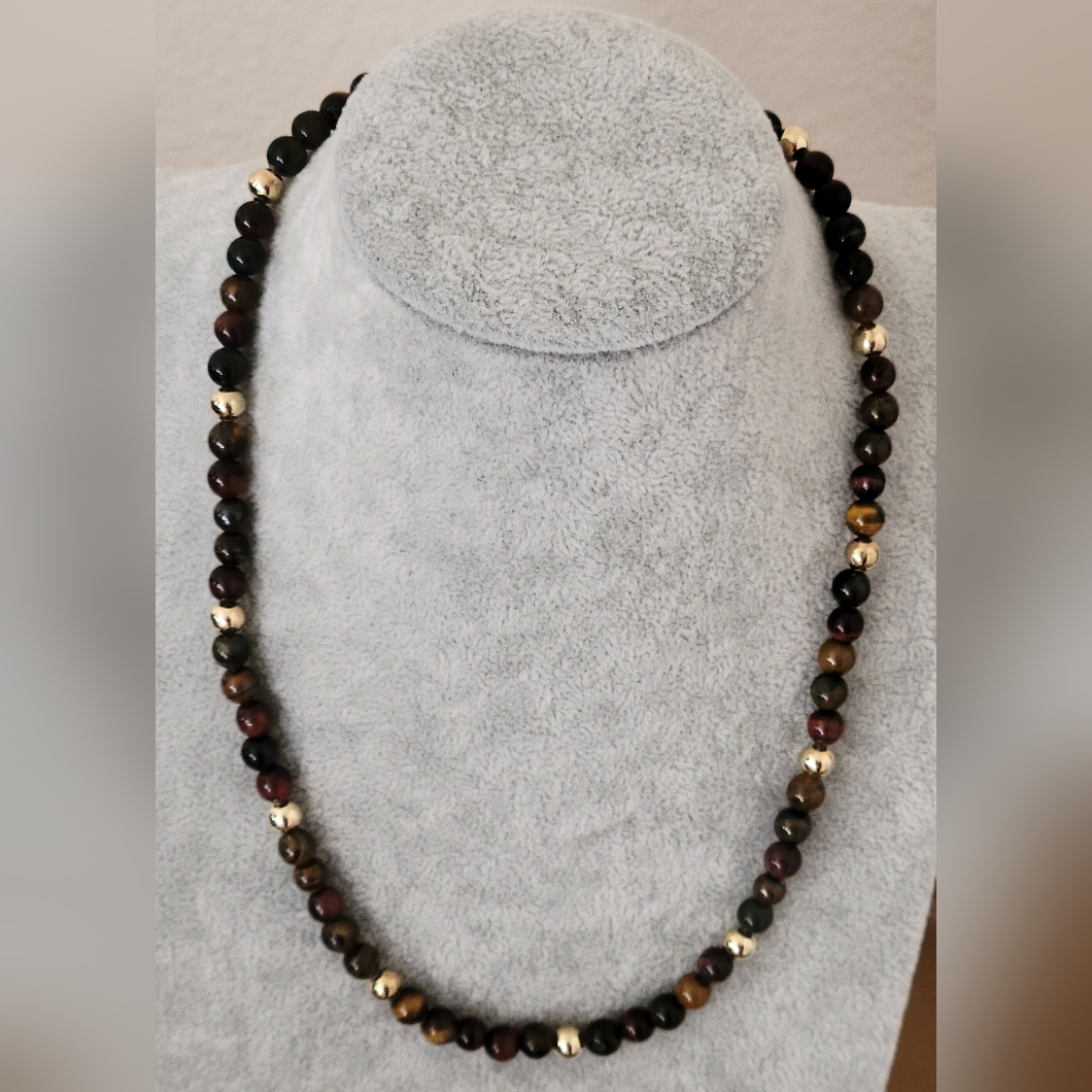 Dainty Tigers Eye Necklace Accented With Gold-Tone Beads 18$
